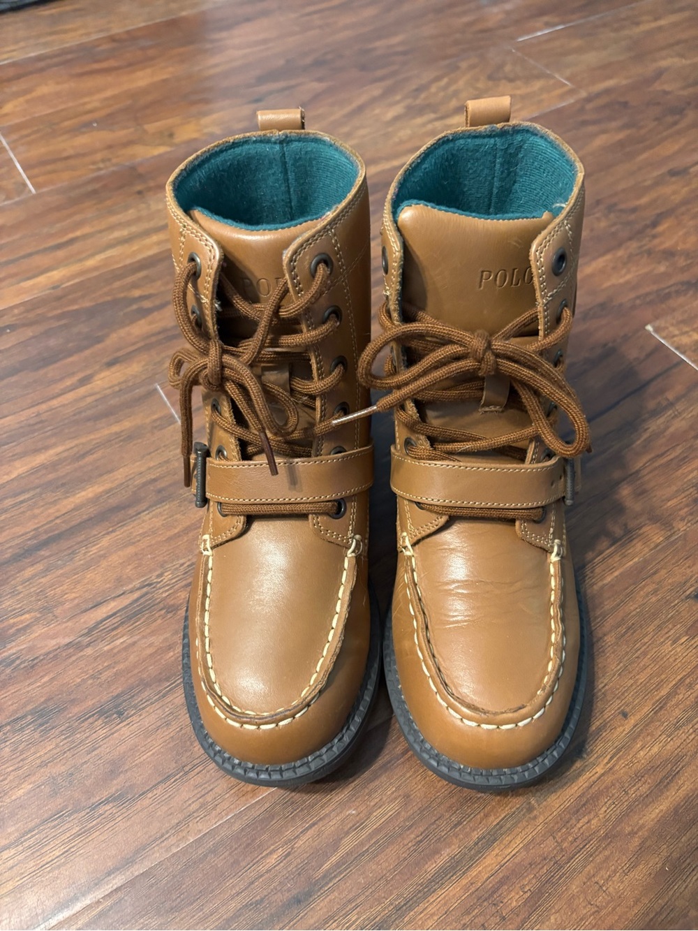Ralph Lauren Tan Leather Kids Lace-Up & Strap Boots with Teal Lining